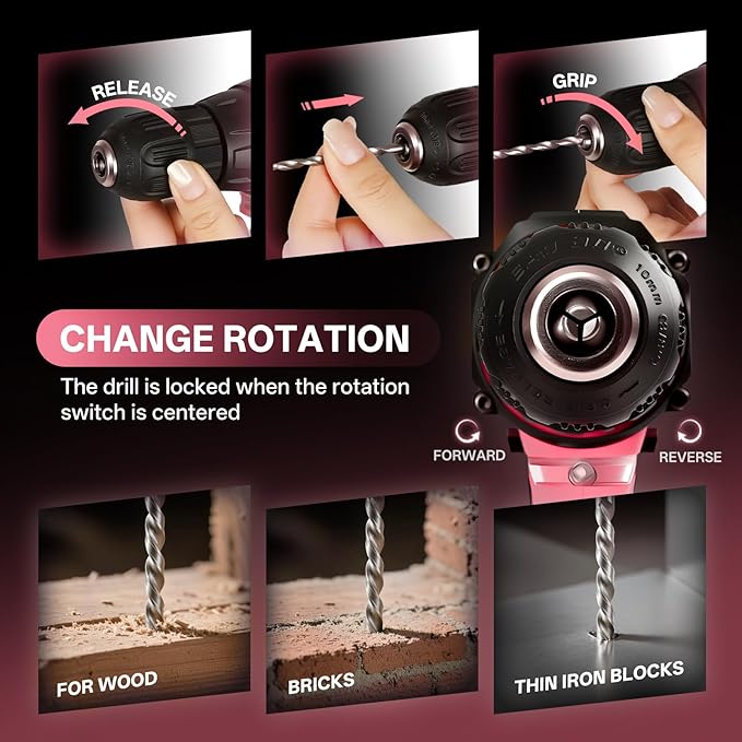 COMOWARE Pink Tool Box with 20V Drill, 120 Pcs Pink Tool Set, Tool Kit for Home, Pink Drill Set for Women, Power Tool Combo Kits with 2.0 Ah Li-ion Battery & Charger, 25+1 Clutch