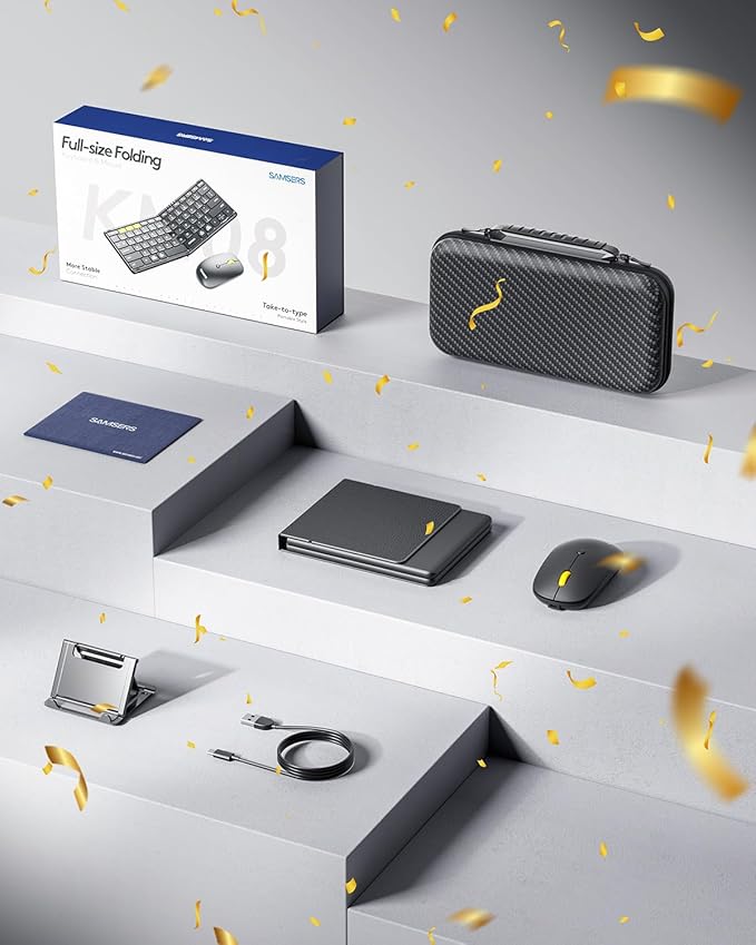 Foldable Keyboard and Mouse, Samsers KM08 Folding Bluetooth Keyboard Mouse Combo, 2.4G + BT5.0 x 2, Full-Size Portable Travel Keyboard & Rechargeable Wireless Mouse for iOS Android Windows Mac OS