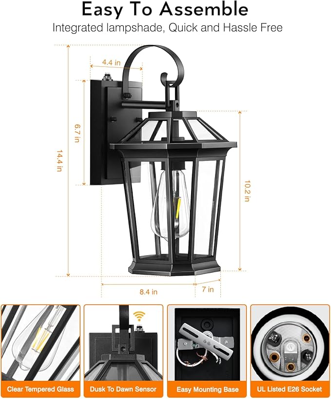 VIANIS Dusk to Dawn Exterior Light Fixture, Waterproof Outdoor Wall Sconce Porch Light for House, 100% Anti-Rust Aluminum Outside House Lights, Farmhouse Coach Lantern for Porch, Garage, Front Door