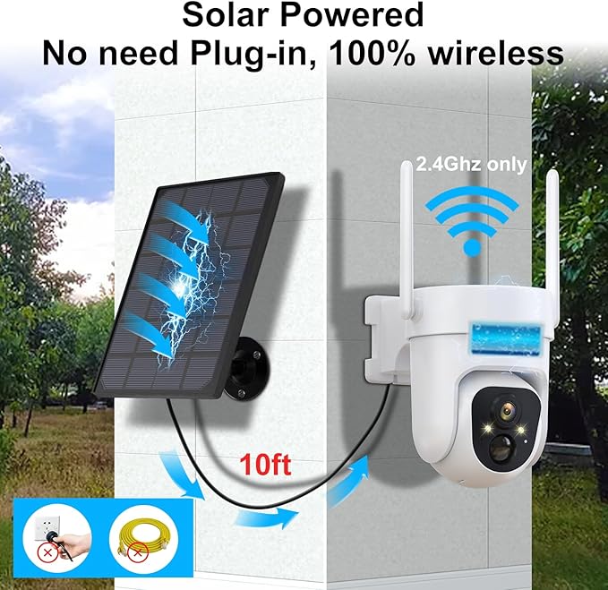 2K PTZ Solar WiFi Security Camera with AI Motion, Color Night Vision, 360 View, Waterproof, Alarm - Rechargeable Battery