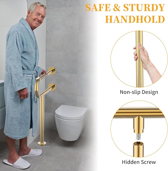 Toilet Grab Bar 23.4 Inch with Leg, YuanDe Wall Mounted Safety Bar, Stainless Steel Anti-Slip Bathroom Support Rail for Elderly, Disabled, Handicap, Seniors, Injury Recovery，Brushed Gold