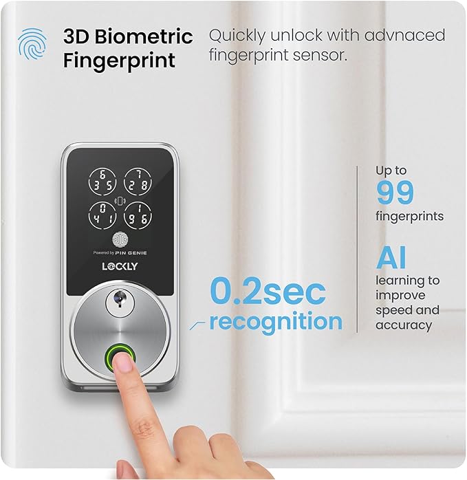 Lockly Secure Pro Zeno Series Smart Door Lock,Fingerprint Keyless Entry Door Lock for Front Door with Apple Home Key,Built-in Wi-Fi,Auto Lock, App Remote Control,IP65 Waterproof,Easy Installation
