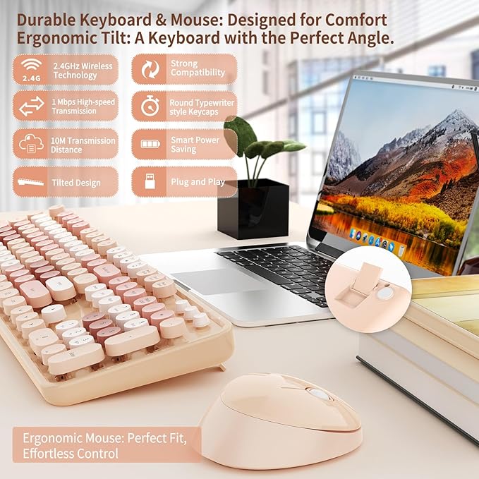 HotFox Wireless Keyboard and Mouse Combo, Full-Size Retro Typewriter Keyboard with Round Keycaps, Ergonomic Design for Windows PC, Home and Office Use -Brown