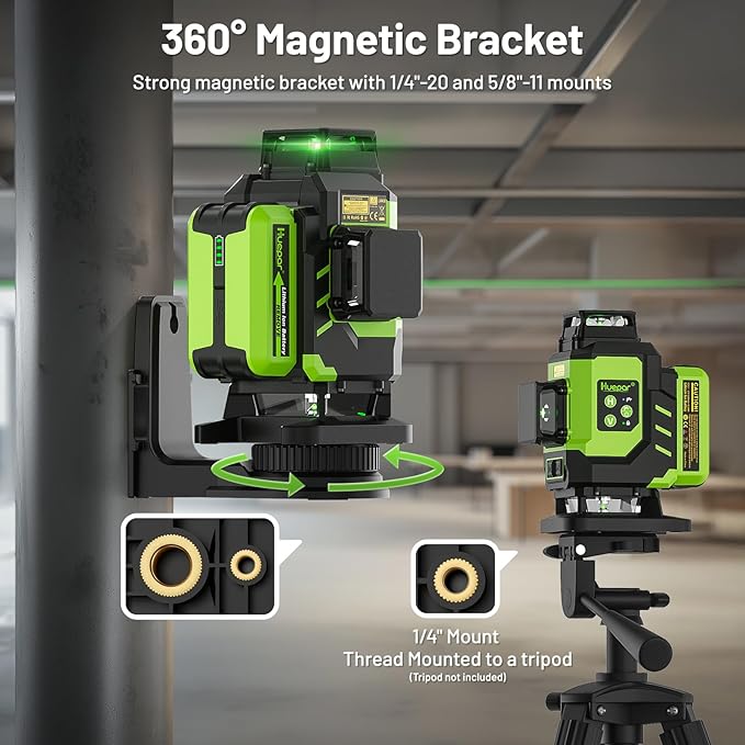 Huepar Laser Level, Self-leveling 16 Lines Green Beam 4D Cross Line Tiling Floor Laser Tool-2 x 360 Horizontal & 2 x 360 Vertical Laser Lines with Two Li-ion Batteries and Hard Carry Case-LS04CG