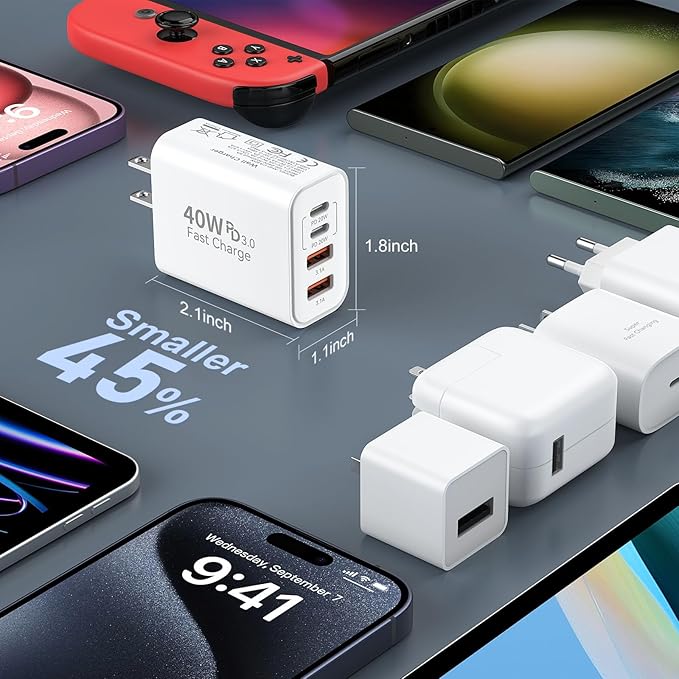 40W USB C Charger Block for iPhone 17/17 Pro/17 Pro Max/Air/16/16 Pro/16 Pro Max/16 Plus/15/15 Pro Max/14 13 12 11 Pro Max XS XR X, 4-Port PD+QC Multiport Power Adapter Type C Fast Charging Brick Cube