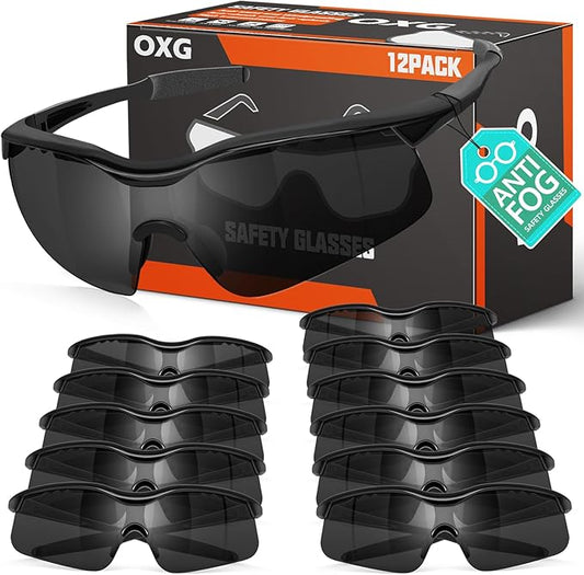 OXG 12 Pack Anti Fog Safety Glasses for Men, ANSI Z87.1 Safety Goggles Impact Scratch Resistant Eye Protection for Work