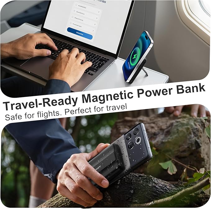 Azmuth Wireless Portable Charger with Stand, Slim 10000mAh Magnetic Power Bank for Magsafe, 22.5W Fast Charging Battery Pack Compatible with iPhone 16/15/14/13/12 Series