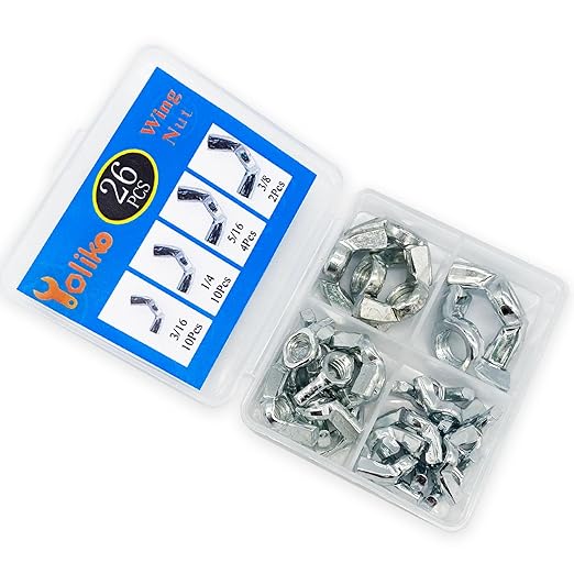 26 Pcs 4 Sizes 3/16",1/4",5/16",3/8" Wingnuts, Quality Carbon Steel Wing Nuts Sliver Zinc Plated Fasteners Parts Butterfly Nut, Hand Twist Tighten Hardware Nuts Butterfly Wing-Nut Assorted Kit