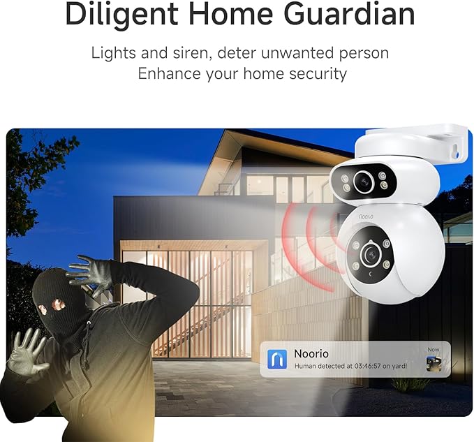 Noorio Dual Lens 2K Security Camera Outdoor, Outside Cameras for Home Security Plug-in, Auto Tracking 360° PTZ, Color Night Vision, 24/7 Recording, 2.4G WiFi Only