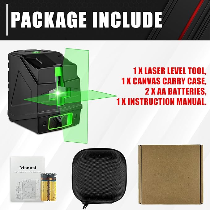 Laser Level,100ft/30m Self-Leveling Laser Level,Green Cross Line Laser,Vertical and horizontal lines,3 Brightness Adjustment,Rotates 360 Degrees,Includes a Carrying Pouch and Battery IP54 Waterproof