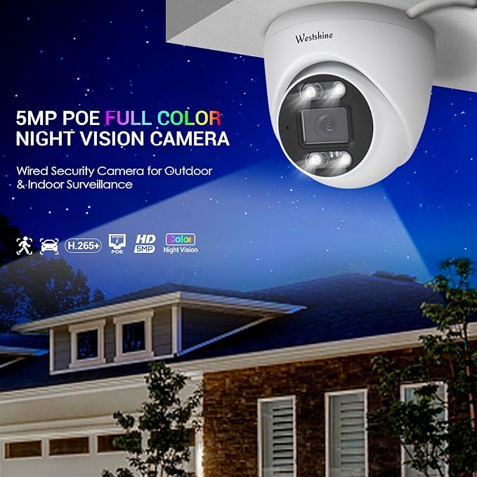 5MP PoE IP Dome Security Camera,Full Color Night Vision,Human Detection,2.8mm Wide Angle,Built-in Mic for Two-Way Audio,Outdoor IP66 CCTV Camera in Metal Housing (SD Card Not Included)