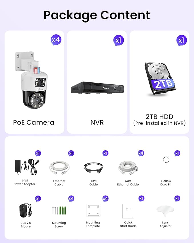 Dual-Lens 4K PoE Security Camera System, 4pcs Pan/Tilt CCTV Wired PoE IP Camera Outdoor Indoor, AI Person/Vehicle, Spotlight Siren, Color Night Vision, 8CH 8MP NVR with 2TB HDD