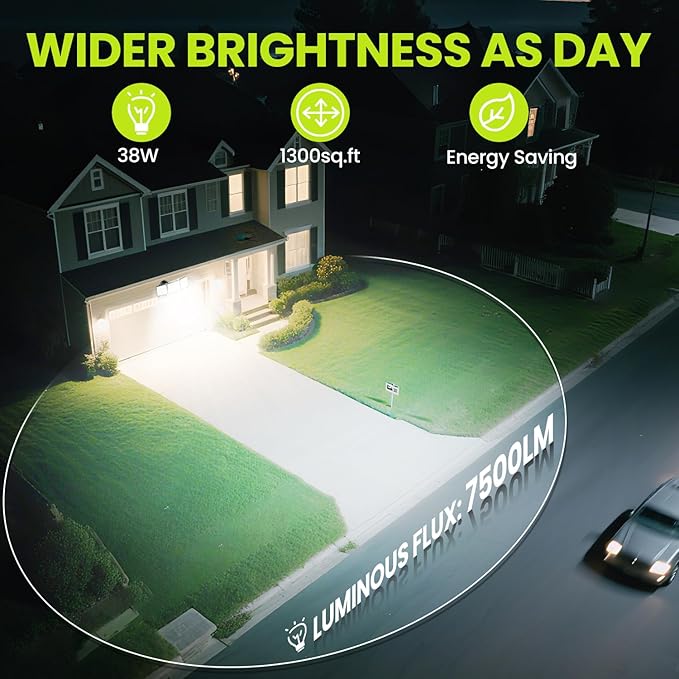 7500LM LED Security Light Motion Sensor Outdoor Lights, Adjustable 3 Head LED Flood Lights Outdoor, IP66 Waterproof, 38W Motion Detected Lights for Outside, House, Garage, Yard