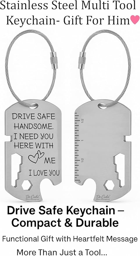 Drive Safe Handsome Keychain Multi Tool | 6-in-1 Stainless Steel EDC Gift for Him | Wrench, Ruler, Bit Driver, Bottle Opener, Wire Stripper & Bender