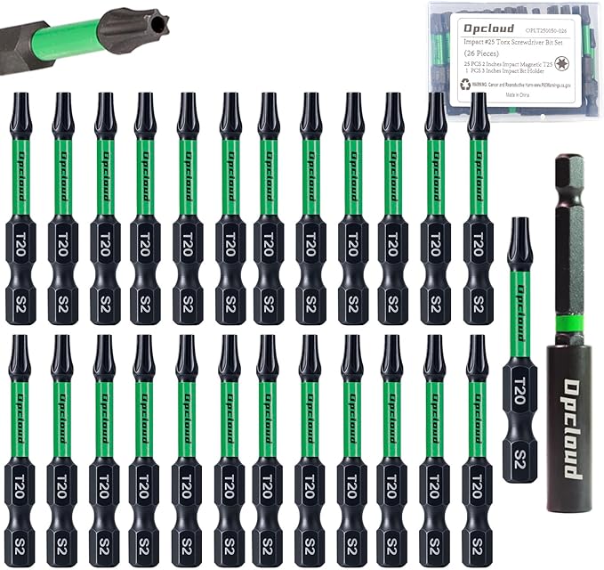 T20 Impact Screwdriver Bit Set, 26 Pieces 2”S2 Steel Magnetic #20 Torx Tips Driver Power Bit Set with Extension Impact Bit Holder