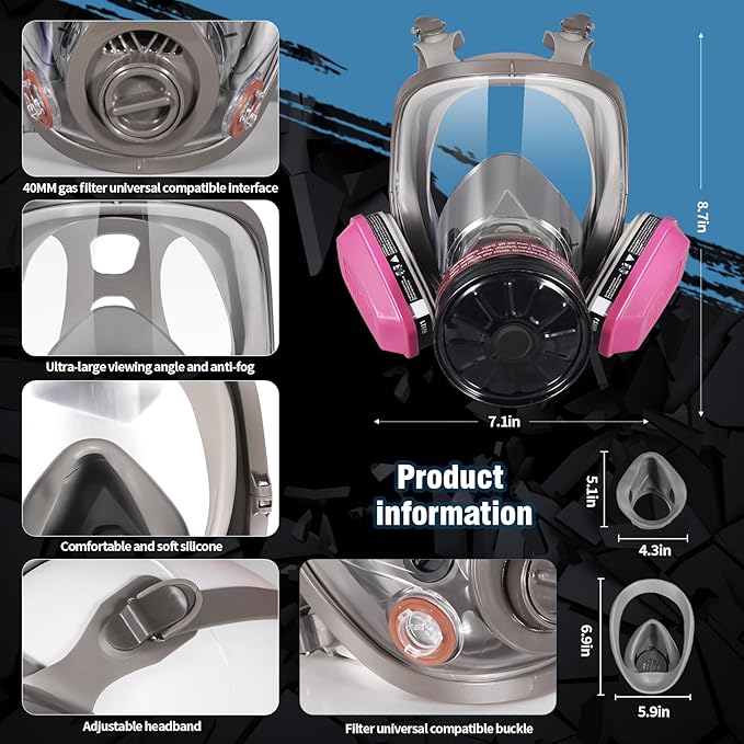 Full Face Gas Mask Respirator with 60921 & 40mm Activated Carbon Filters - Survival Nuclear and Chemical, for Welding Painting Mold Dust Epoxy Resin Polishing Reusable 6800