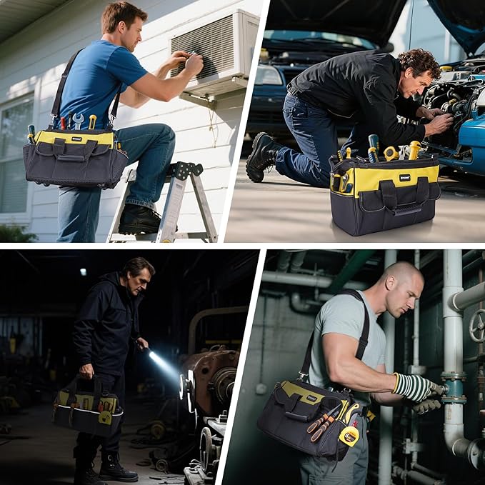 TICONN Tool Bag with Multi-Pockets Wide Mouth Tool Tote with Safety Reflective Straps, Adjustable Shoulder Strap and Ergonomic Handle (Yellow, 16" Standard Base)