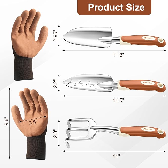 MelonArt Garden Tool Set, 4 Pieces Heavy Duty Gardening Hand Tool Kit Aluminum for Women Men Planting Including Hand Shovel, Transplant Shovel and Hand Rake with Non Slip Rubber Handle and Gloves