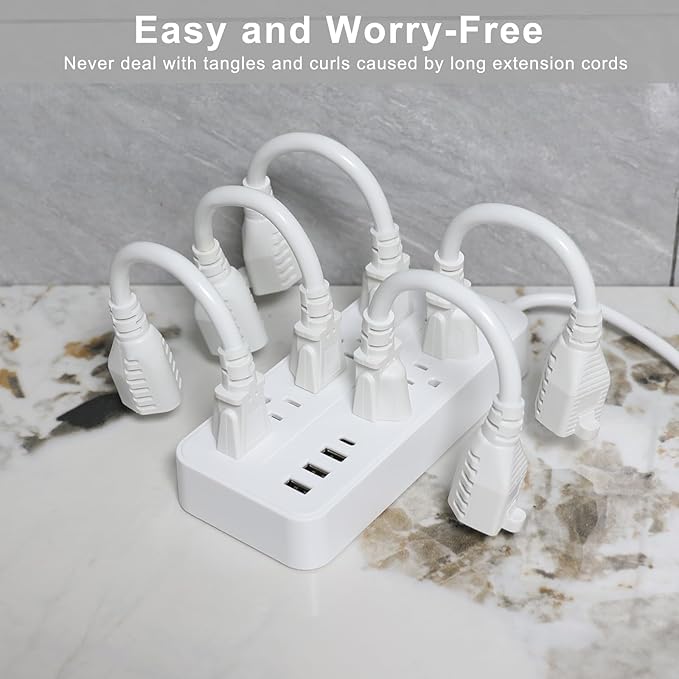 KUNCAN Short Power Extension Cord - 15A 6 Inch 3 Prong Outlet Saver, 1875W 14AWG/3C SJTW Heavy Duty Power Cord Extension Cable (NEMA 5-15P to NEMA 5-15R) Indoor/Outdoor Use, White 2-Pack
