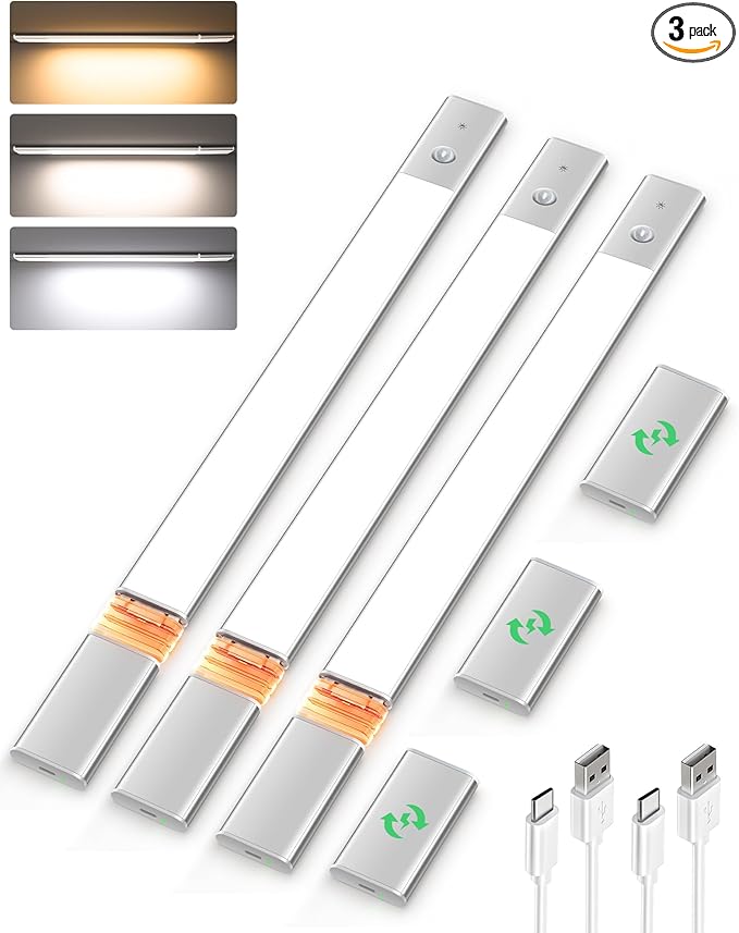 EZVALO Under Cabinet Lighting, Motion Sensor Closet Lights with 3 Extra Batteries, 76 LEDs Dimmable Eye-Caring Rechargeable LED Lights, 3 Color Temps, Under Counter Lights for Kitchen, Wardrobe