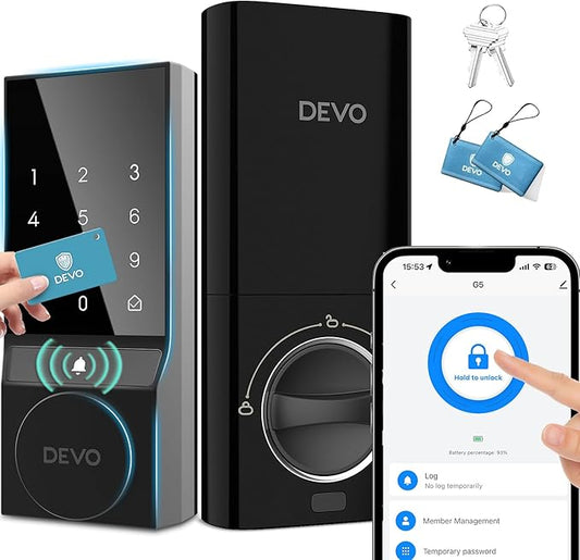 Devo G5 Smart Lock, Front Door Keyless Entry Door Lock, Bulit-in WiFi Door Locks, App Remote Control, Digital Smart Deadbolt, Electronic Touchscreen Keypad, Auto Lock, Easy Installation(Black)