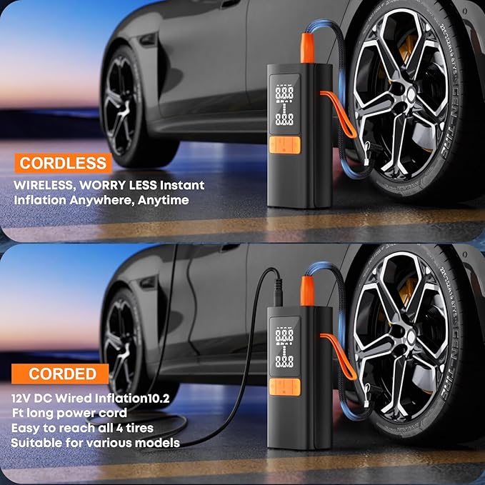Tire Inflator Portable Air Compressor - 150PSI Air Compressor with Tire Pressure Gauge, 15000mAh & 3X Faster Portable Air Pump for Cars, Bikes & Motorcycle Tires, Balls, Car Accessories