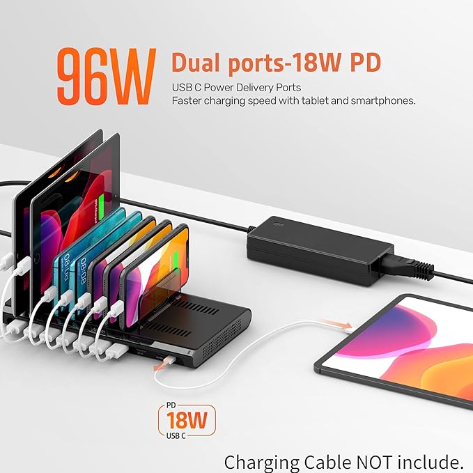 Alxum 96W 10 Port USB Charging Station for Multiple Devices, Multi Charge Station with QC 3.0 Fast Charge and 2 * 18W PD Charging Port for Laptops, Phones, Tablets, and More