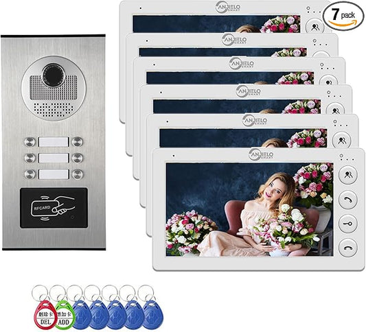 Video Apartment Intercom System,6 Units 7 inch Monitor Wired Video Door Phone Kit,Indoor Outdoor Video Doorbell,ID Keyfobs Unlock,2 Way Audio,6-Screen for Home Apartment (1 Doorbell+6 Monitor)