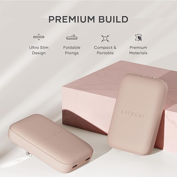 Satechi OntheGo 67W Wall Charger, GaN USB C Travel Charger with 2 USB-C PD Fast Charging Ports, for MacBook Pro/Air, iPad Pro/Air, iPhone 16, Steam Deck, Galaxy, Windows – Desert Rose