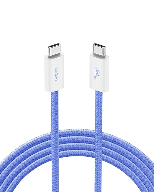 Belkin USB C to USB C Cable, 6.6ft, 60W - Type C Charger, iPhone Charger Cord, Soft, Braided, Flexible for iPhone 16, Galaxy S25, Pixel 9, Airpods, iPad Pro, Tablet & More, Travel Essentials - Blue