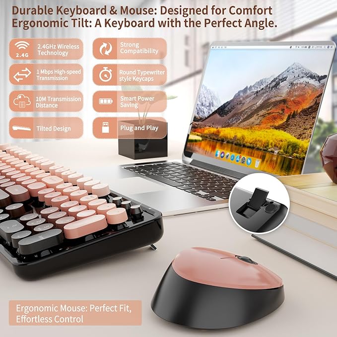 Wireless Keyboard and Mouse Combo, Full-Size Retro Typewriter Keyboard with Round Keycaps, Ergonomic Design for Windows PC, Home and Office Use -Red