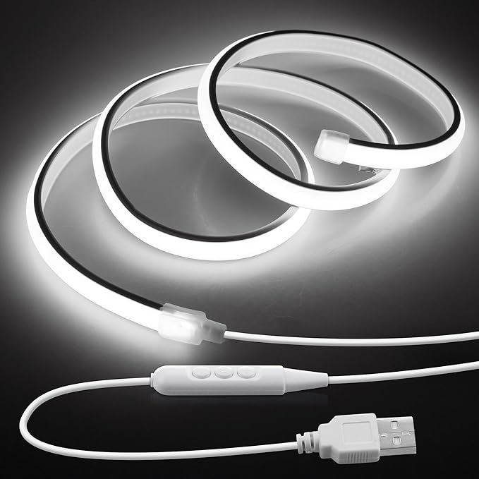 5V USB COB LED Light Strip with Dimmer 3.3FT Daylight White LED Rope Lights Indoor Tunable 6000K Super Density 320LEDs/M IP67 Waterproof LED Tape Light for Bedroom TV Backlight Mirror Decor