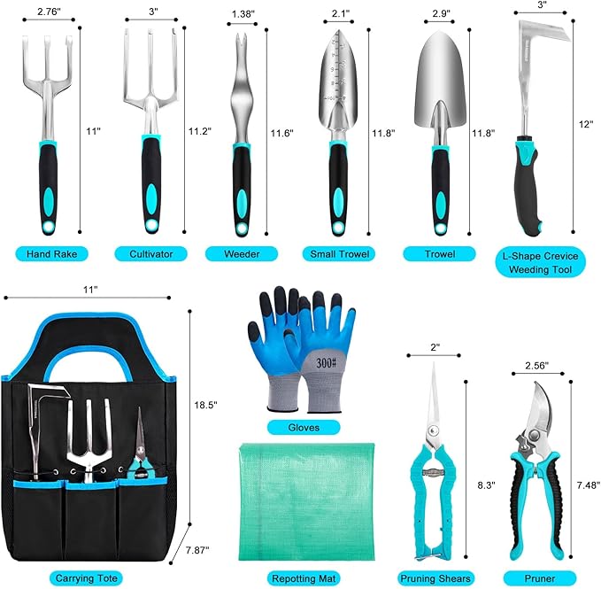 Garden Tool Set with Non Slip Rubber Grip,8 Piece Stainless Steel Gardening Tool Sets,Heavy Duty Outdoor Hand Tools with Bag,Uprooting Weeding Tool, Gifts for Women Men (Blue Garden Tools (11 Pcs))