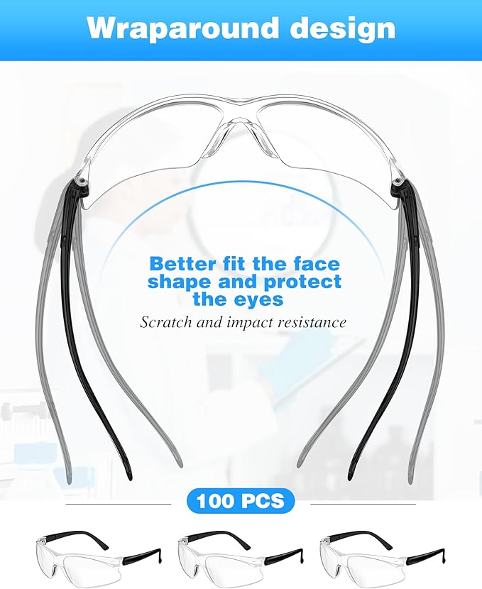 Xuhal 100 Pair Safety Glasses Bulk Clear Eye Protection Ansi Z87.1 Protective over Eyeglasses