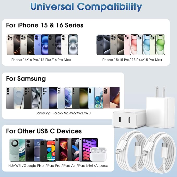 iPhone 17 Pro Max Charger Fast Charging, 40W Dual USB C Fast Charger Block with 6ft Type C Charging Cable Cord for iPhone 17/17 Pro/17 Pro Max/Air/16/16 Pro/16 Pro Max/16 Plus/15/15 Pro Max/14