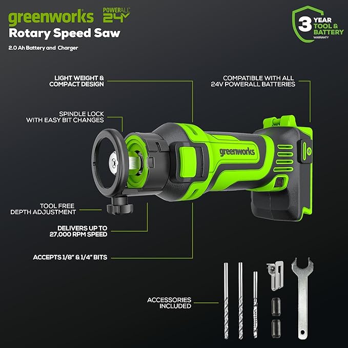 Greenworks 24V Brushless 5 pcs Cordless Power Tool Combo Kit, include Drill Driver, Circular Saw, Jigsaw, Wood Router, Drywall Cut-out Tool, 2 x 2Ah Batteries and Charger