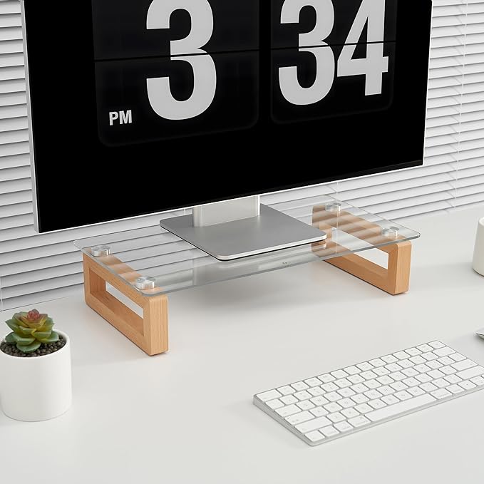 YEOUX Multi-Purpose Desktop Stand, Clear Floating Computer Monitor Riser with Natural Wood Base, Desk Organization Shelf for Printer, Laptop, Audio Device, Flat Screen
