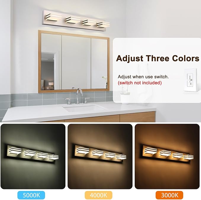 4-Light LED Brushed Nickel Vanity Lights for Bathroom Light Fixtures Adjust 3 Colors Modern Bath Lighing Over Mirror LED Vanity Light 27inch
