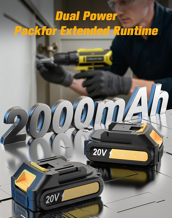 Cordless Drill, 20V MAX Power Drill Set with Dual Power Pack & Charger, 3/8 Inch Keyless Chuck, Variable Speed, 25+1 Position and 56PCS Bits/Screws, Power Tools for Home Projects