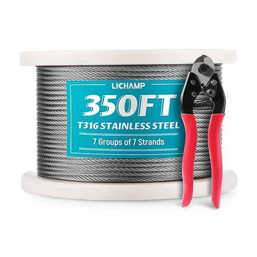 Lichamp 350FT 1/8" Stainless Steel Wire Rope Cable, Aircraft 316 SS Braided Steel Wire Thin Metal Cable Hardware for Deck Railing Handrail Safety System, SSC350