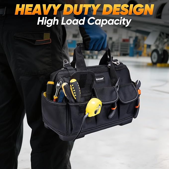 TICONN Heavy Duty Tool Bag with Multi-Pockets, Portable Tool Box Organizer Storage Bag, with Adjustable Shoulder Strap and Ergonomic Handle (Black, 14" Molded Base)