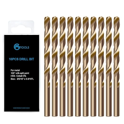 5/16 inch Cobalt Drill Bits, M35 HSS, 135 Degree Tip, Jobber Length Twist Drill Bit Set for Hard Metal, Stainless Steel, Cast Iron, Wood and Plastic, with Storage Case, Pack of 10