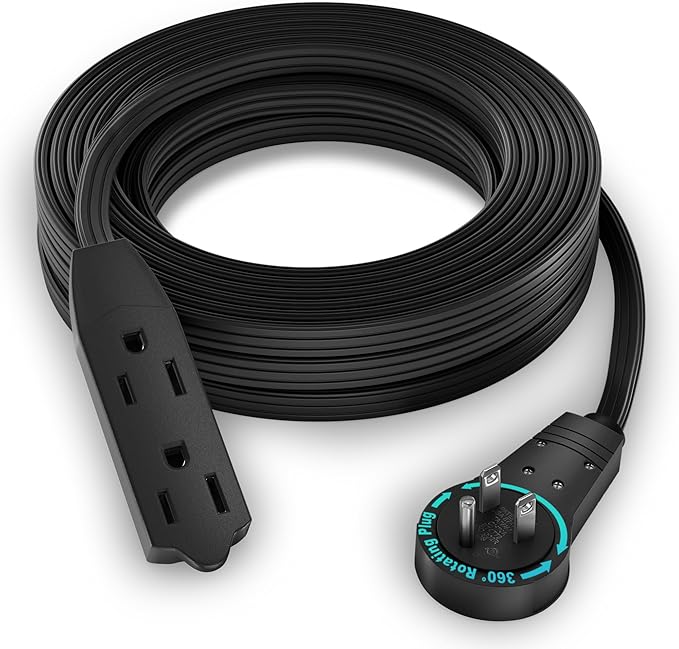 Maximm Cable 20 Ft 360° Rotating Flat Plug Extension Cord/Wire, 16/3 AWG Multi 3 Outlet 3-Prong Grounded Wire- Black - UL Certified