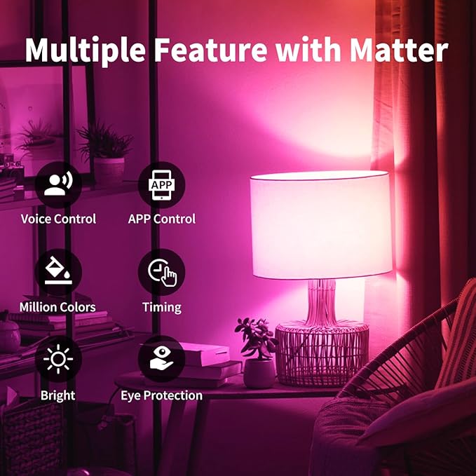 ANWIO A19 Matter Smart Light Bulbs 8.5W (60W Replacement) A19 E26 LED Bulb Compatible with SmartThings App, Alexa, Google Assistant, Color Changing, Hub Required, 806lm 8.5W(60W Equivalent) 4 Pack