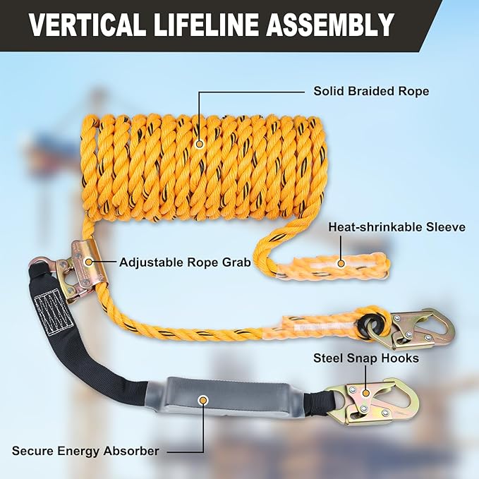 50ft Vertical Lifeline Assembly with Shock Absorber,Fall Protection Safety Rope for Roofing,OSHA ANSI Compliant