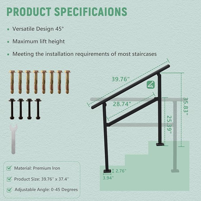 2 Pack Hand Rails for Outdoor Steps,2-3 Step Railing for Stairs,Adjustable Porch Railing,Hand Rails for Seniors,Outdoor Deck Handrails for Exterior Steps,Black