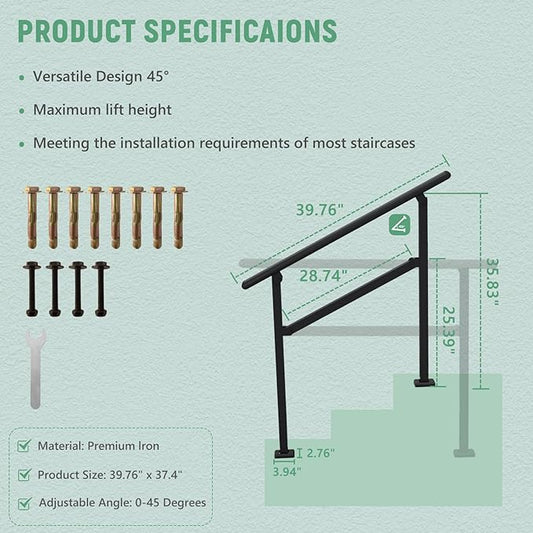 2 Pack Hand Rails for Outdoor Steps,2-3 Step Railing for Stairs,Adjustable Porch Railing,Hand Rails for Seniors,Outdoor Deck Handrails for Exterior Steps,Black