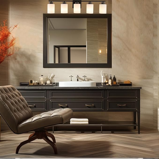 5 Light Bathroom Light Fixtures, 33.3 Inches Vanity Lights for Mirror, Black Vanity Lighting Fixtures with Milky White Glass Shades