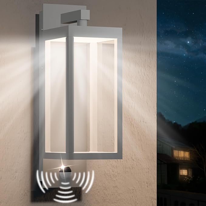 Outdoor Wall Light with Motion Sensor & LED, Waterproof Aluminum Fixture, 750LM 3000K Warm White for Porch Garage Entryway Fence, Exterior Security Sconce Lighting (White)