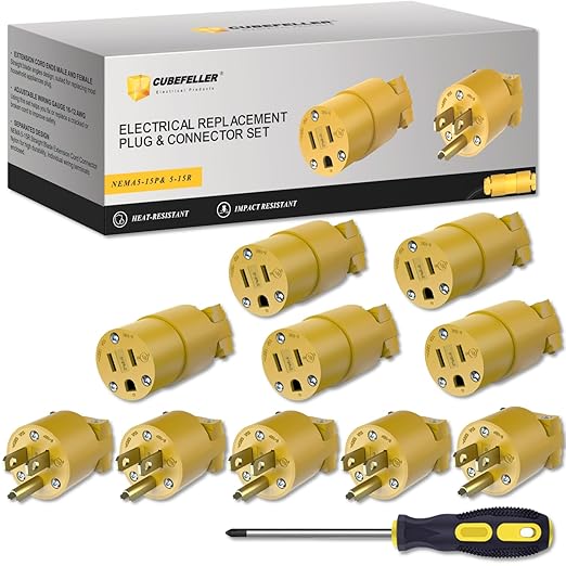 CUBEFELLER® Electrical Replacement Plug & Connector Set, Extension Cord Ends Male and Female, 3 Prong, 15Amp, 125Volt, NEMA 5-15P & NEMA 5-15R, UL Listed,5 Set,Comes with a Screwdriver,ER0105S